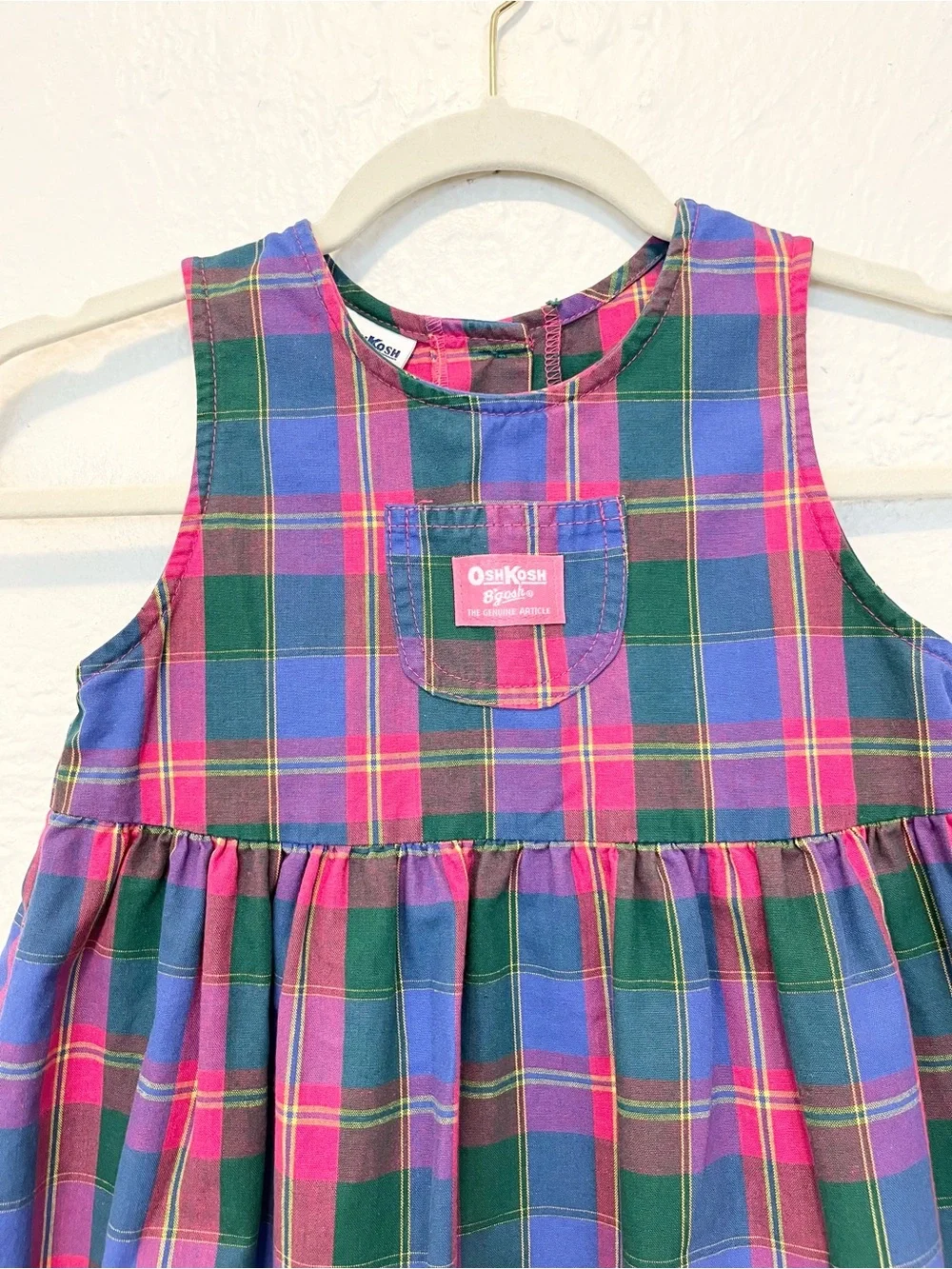 Vintage OshKosh B’gosh Girls Plaid Jumper Dress 6 USA Pink Blue